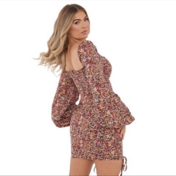 Pretty Little Thing Multi Floral Chiffon Double Ruched Bodycon Dress Shabby Chic - Picture 13 of 13